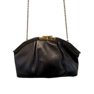Etra Genuine Leather Vintage Pouch Handbag with Gold Hardwear and Chain